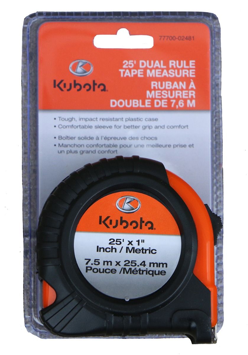 Kubota measuring tape with tough impact resistant plastic case