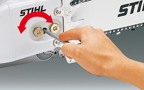 The tensioning screw can be found on the side of chain saw through the sprocket cover. This removes the need for contact with the sharp saw chain.