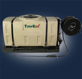 TurfEx’s more compact skid-mounted spot sprayer. It is completely electric driven and draws its power from the vehicle’s battery.