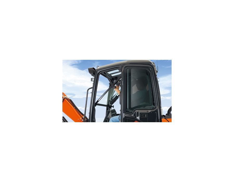Easy open front window - Unlike many excavator windows, the front glass window of the U35-4 opens with ease. Just flip the latches on the window sides and slide it up. A gas-assist mechanism makes this action almost effortless.